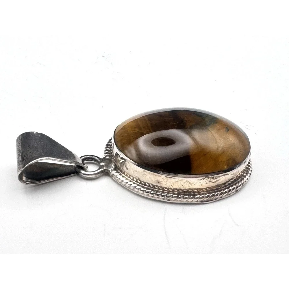 Taxco Large Mexico Hawk's/Tiger's Eye Sterling Silver Pendant 925 TM-287 38.1g